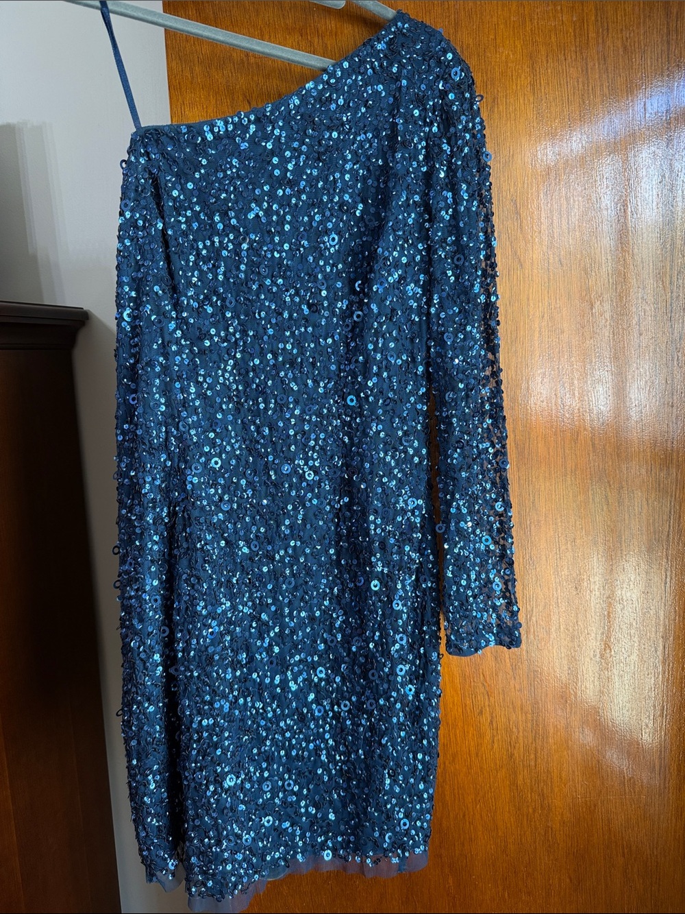 Adrianna Papell Navy Blue Sequin One-Shoulder Skirt